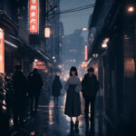 Long shot, Yuna walking through a quiet residential alley in Tokyo, laundry hanging, bicycles parked, everyday life atmosphere, no landmarks, soft morning light, realistic cinematic photography, no text, no letters, no signs, 16:9