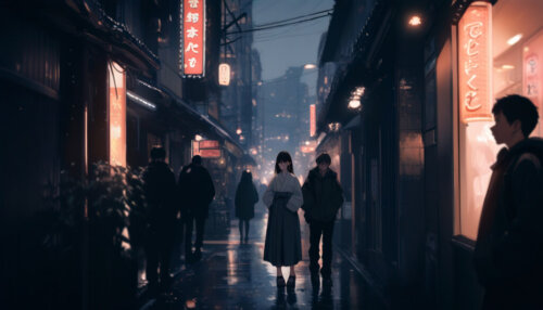 Long shot, Yuna walking through a quiet residential alley in Tokyo, laundry hanging, bicycles parked, everyday life atmosphere, no landmarks, soft morning light, realistic cinematic photography, no text, no letters, no signs, 16:9